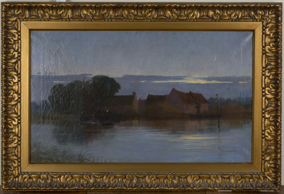 British School - View of Buildings on the Bank of a River at Night, oil on canvas, indistinctly