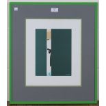 A. Della Costa - Girl looking through a Gap, colour screenprint, 36cm x 30cm, within a green metal