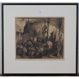 Frank Brangwyn - A Procession of People at the Foot of a Hill Fort, early 20th century etching,