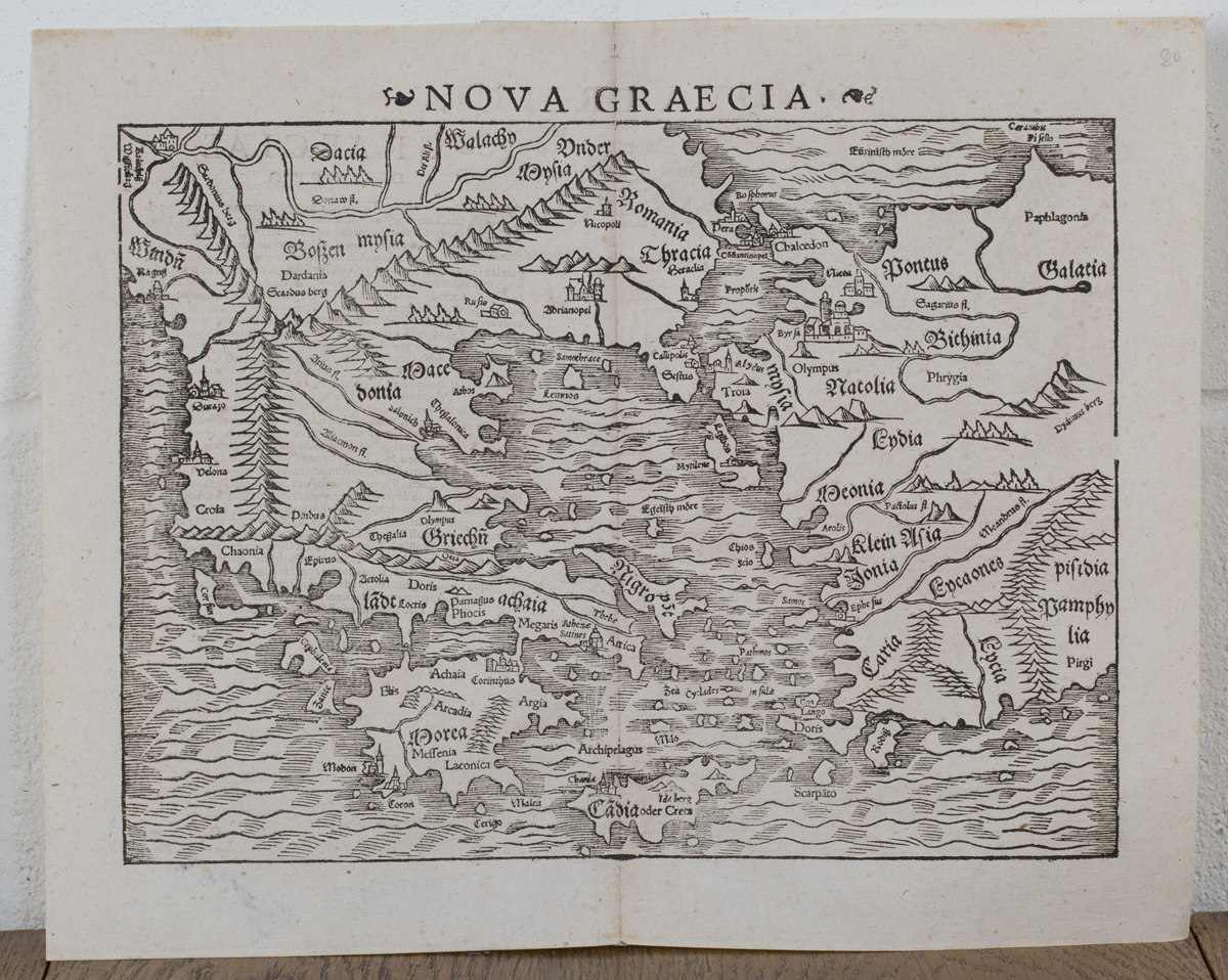 Sebastian Munster - 'Nova Graecia' (Map of Greece), 16th century wood-engraving, 32cm x 40.5cm.