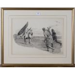 Fortunino Matania - Figure being rescued from a Crashed Aeroplane, pencil and wash, signed, 32.5cm x