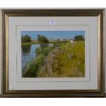 John Haskins - 'Summer on the Ouse', 20th century oil on board, signed recto, titled A.R. Whibley