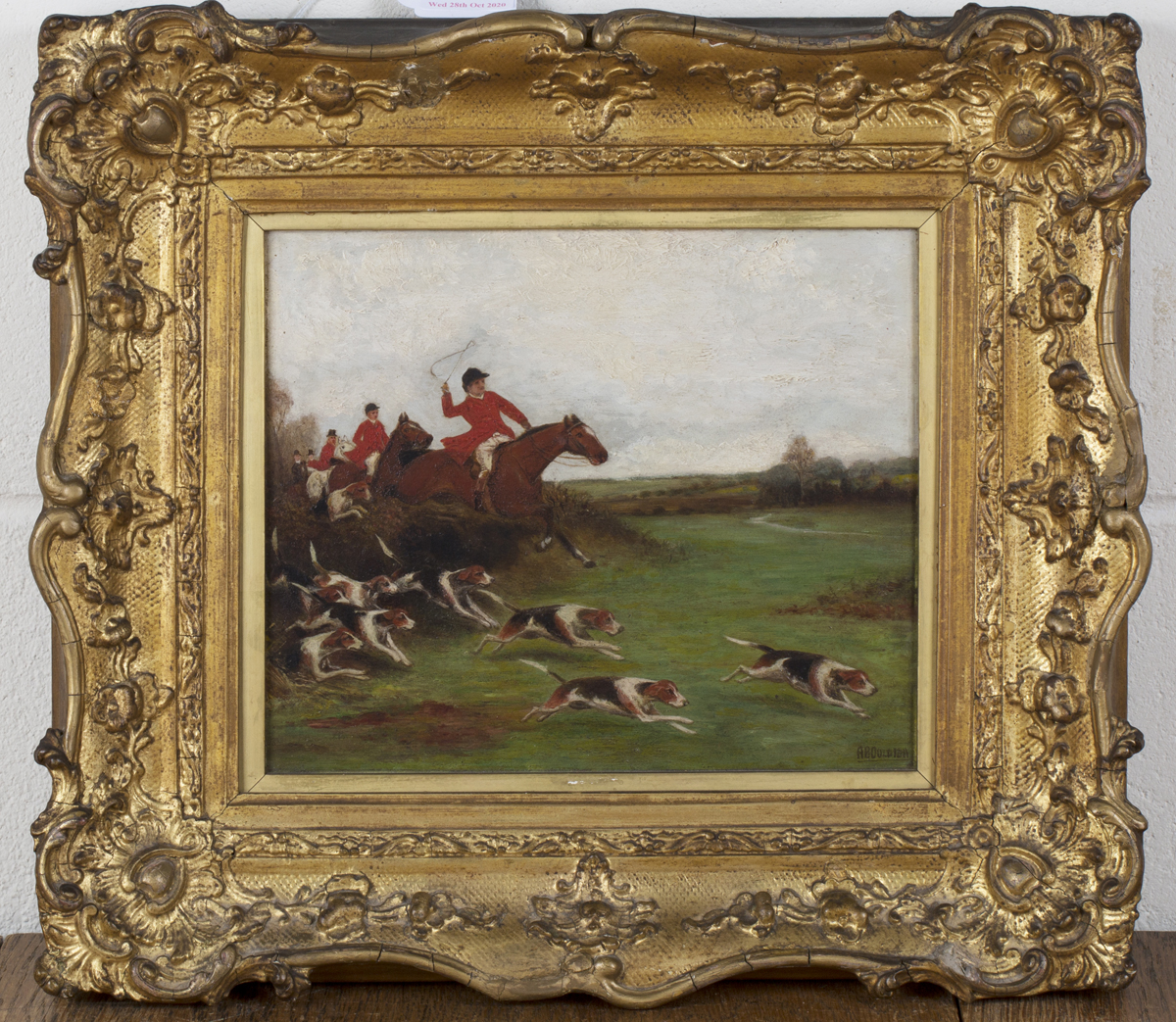A.B. Ould, Provincial School - Hunting Scene with Huntsmen following Hounds on the Scent, oil on