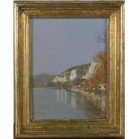 Betty Ryder - 'The Seine at Les Andelys', 20th century oil on panel, 18.5cm x 14cm, within a gilt