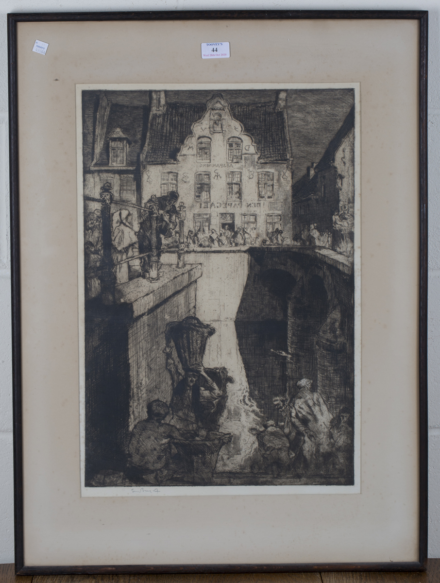 Frank Brangwyn - Canal Scene in Diksmuide, monochrome etching, signed in pencil, 56cm x 38.5cm,