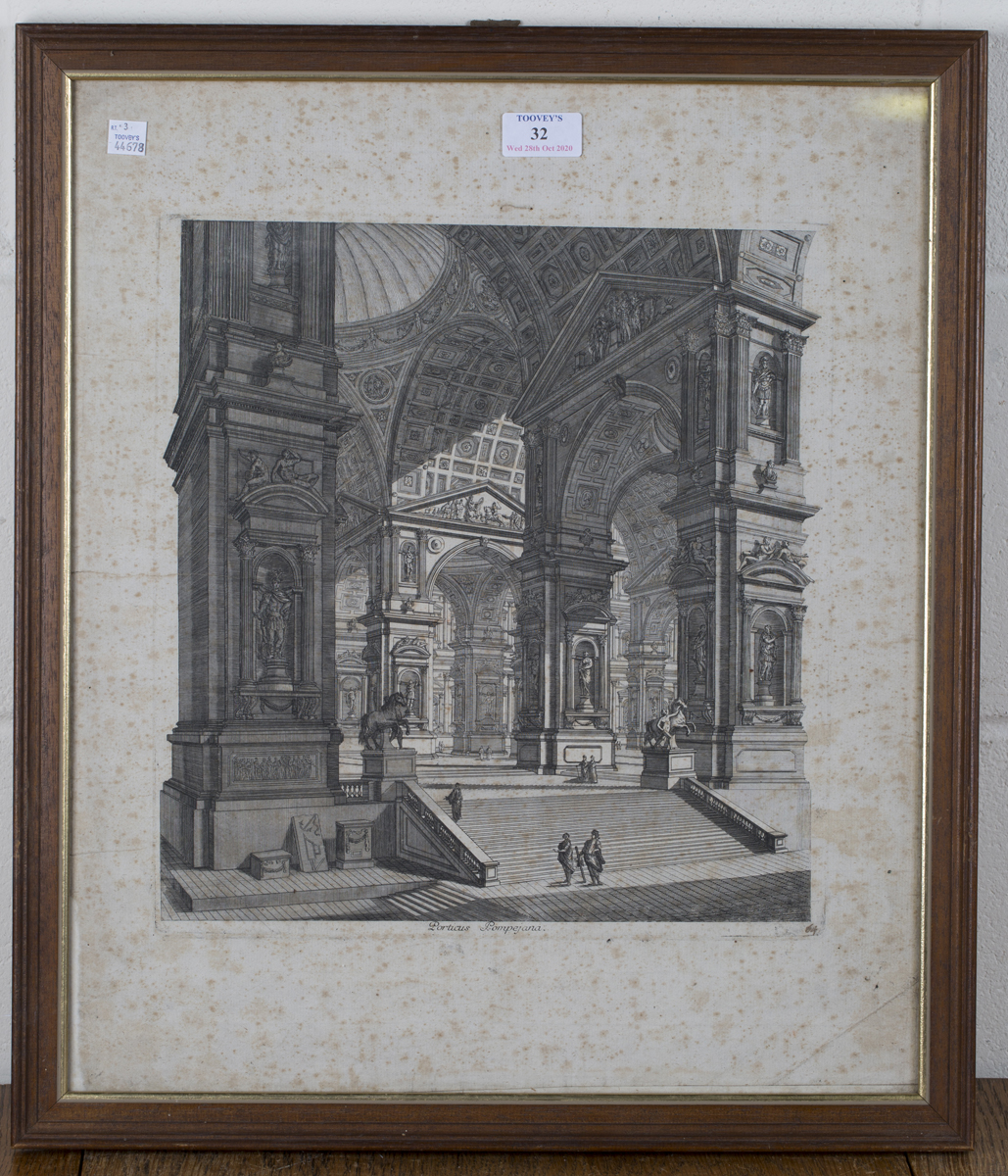 An 18th century engraving, 'Porticus Pompeiana', 49cm x 41cm, within a faux wood frame, together