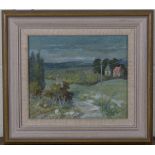 F. Sinclair - 'Village near Soissons', 20th century oil on board, signed recto, titled verso, within