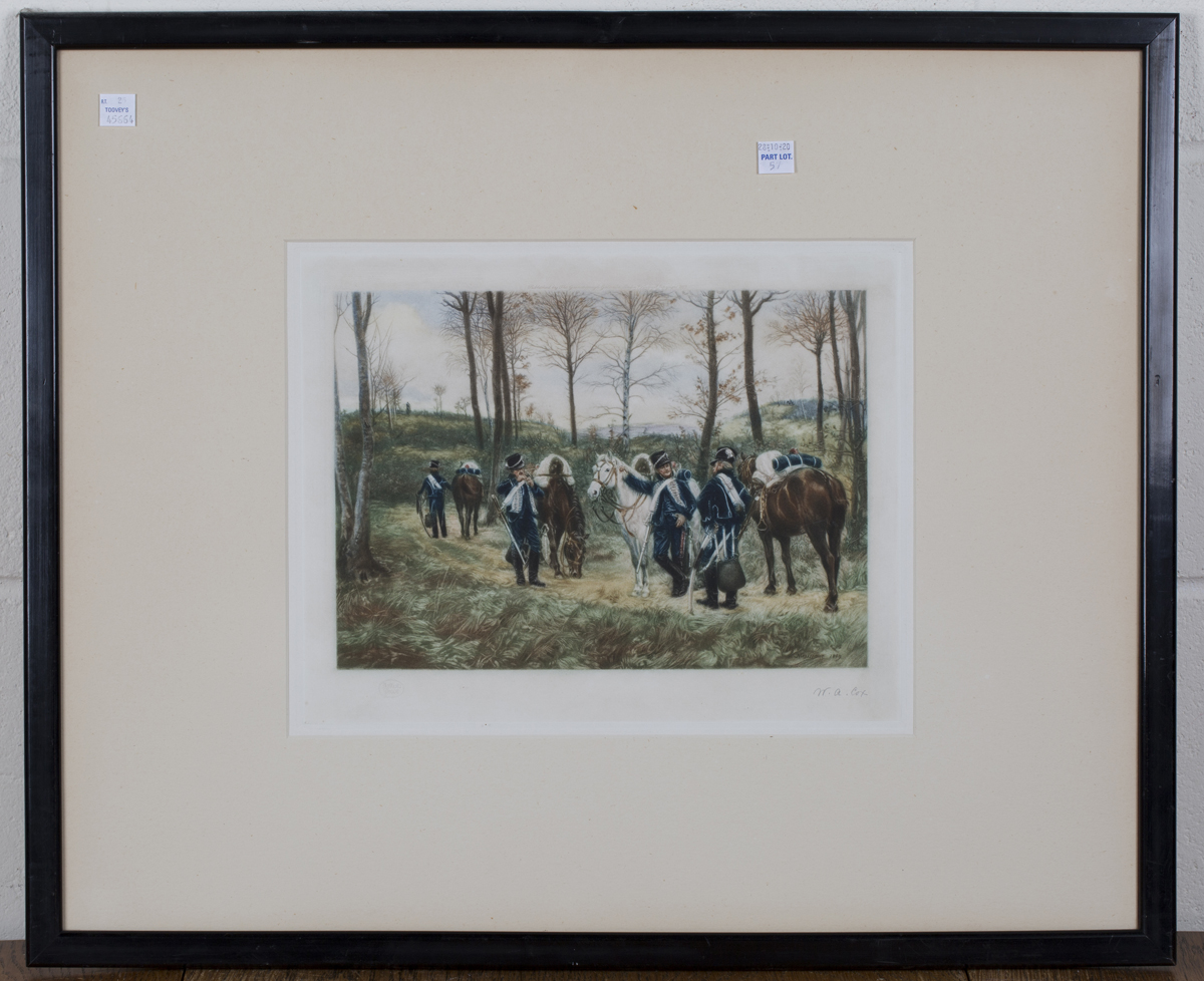 Walter Alfred Cox, after Messonier - Mounted Gentleman drinking on a Roadside, colour mezzotint on - Image 2 of 3