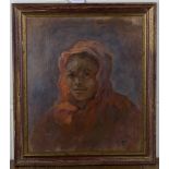 R.E. - Portrait of a Youth wearing a Red Robe, 20th century oil on canvas-board, signed with