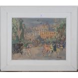 Jean Dufy - European Street Scene, colour lithograph, 46.5cm x 60cm, within a white painted frame.