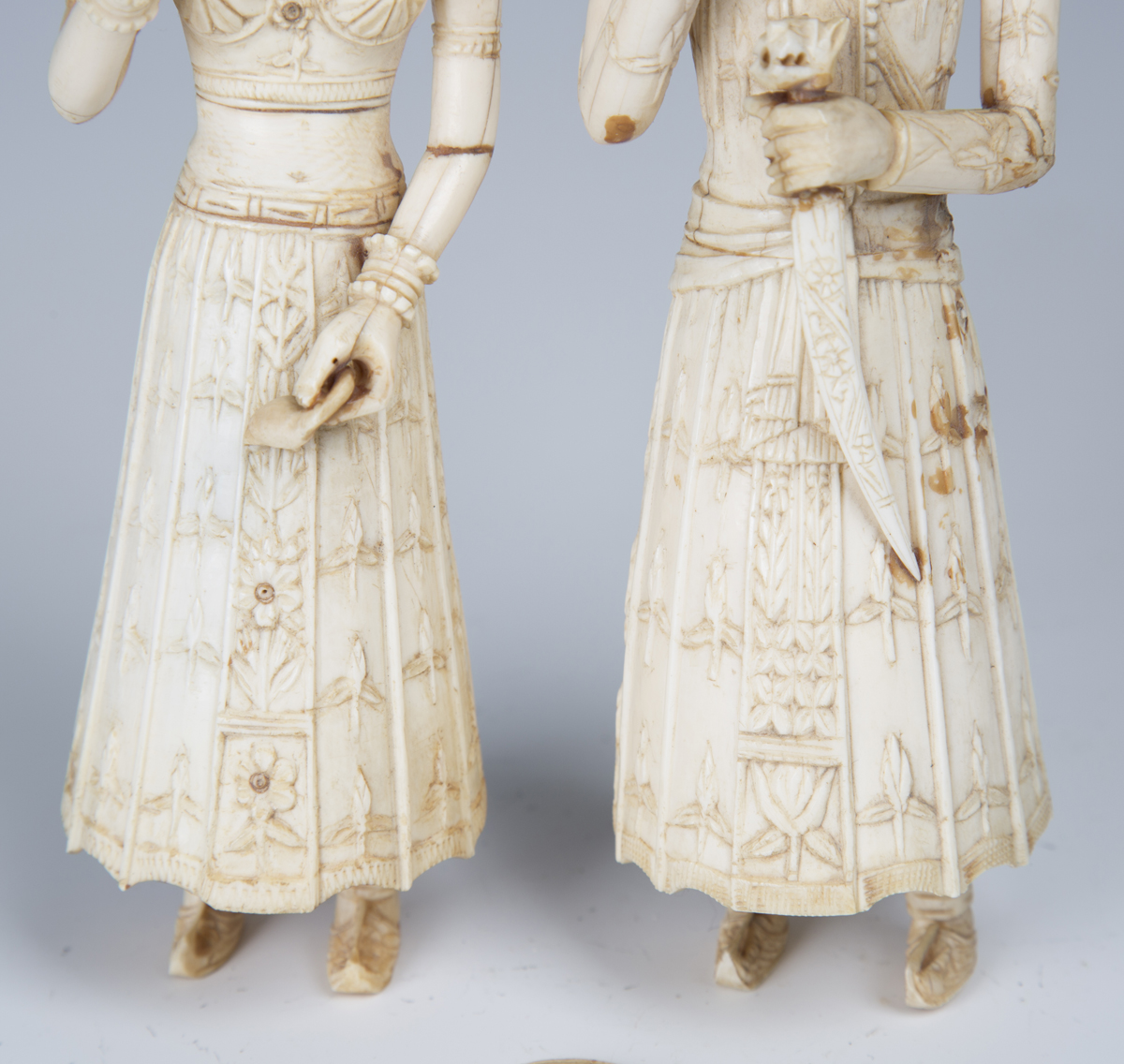 A pair of 19th century Indian carved ivory full-length figures of a lady and gentleman, height 18cm, - Image 6 of 7