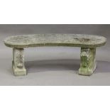 A 20th century cast composition stone garden seat, the curved top on a pair of acanthus leaf