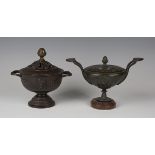 A 19th century French brown patinated cast bronze ornamental urn and cover of Classical twin-handled