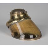 An Edwardian brass mounted horse hoof inkwell, the hinged lid detailed 'Red Lancer 1882-1902', the