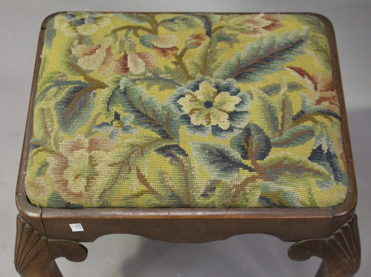 An early 20th century Queen Anne style walnut stool, the drop-in woolwork seat on scallop shell - Image 2 of 2