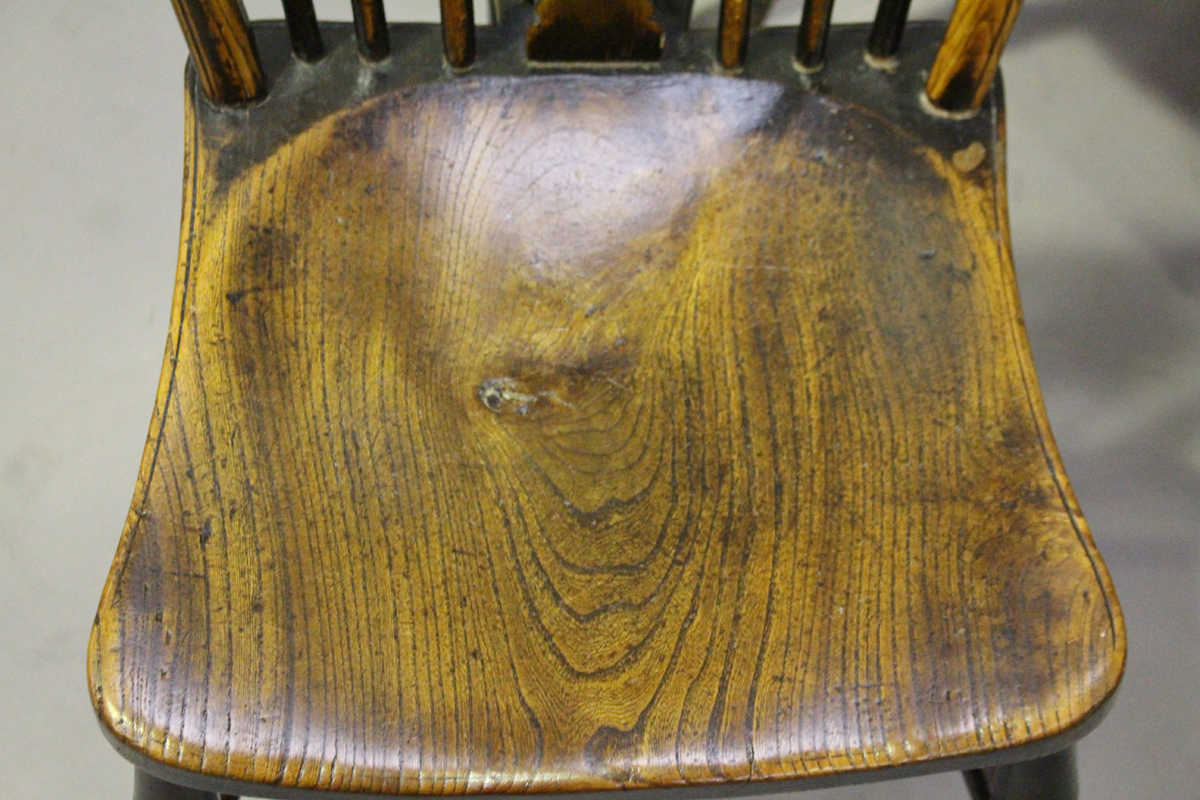 A harlequin set of four early Victorian ash and elm stick and wheel back Windsor dining chairs, - Image 7 of 9