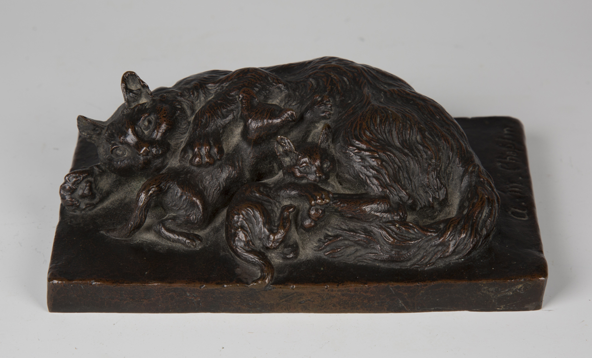 Alice Mary Chaplin - a late Victorian brown patinated cast bronze model group of a cat and her two