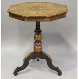 A late 19th century Italian Sorrento parquetry veneered octagonal wine table, raised on tripod