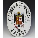 A Spanish diplomatic enamelled shield, detailed 'Vice Consulado Honarario de Espana', 66cm x 45cm.