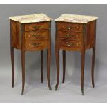 A pair of late 20th century Louis XV style kingwood and foliate inlaid bedside chests with marble