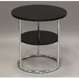 An Art Deco black glass and chromium plated circular two-tier table in the manner of Heals, on