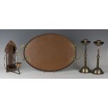 An early 20th century WMF Jugendstil copper and brass mounted oval tray, width 54cm, a pair of WMF