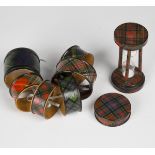 A group of late Victorian tartanware, comprising a 'Stuart' tartan sand timer, height 9.5cm, six