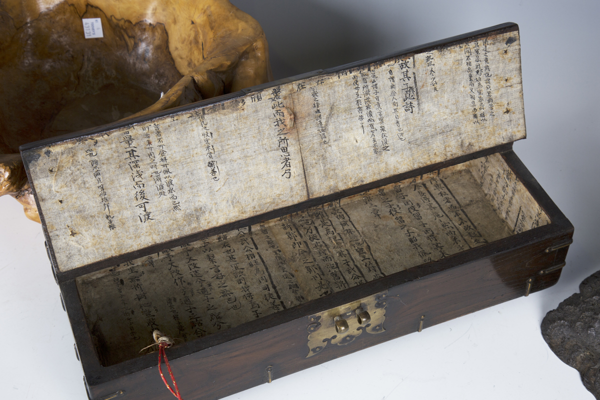 A 20th century carved root bowl, width 34cm, a South-east Asian softwood and brass mounted box, - Image 2 of 3