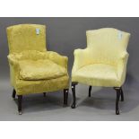 An Edwardian tub back elbow chair, upholstered in yellow fabric, height 88cm, width 64cm, together