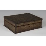 A 19th century hardwood and embossed leather box, in the manner of César Bagard, the lid and sides