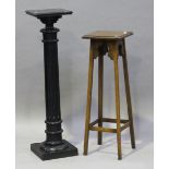 A late Victorian ebonized pedestal with fluted stem, height 109cm, width 28.5cm, together with an