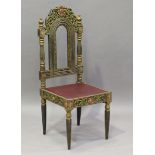 A late 19th century Indian carved hardwood side chair with overall painted decoration, height 115cm,