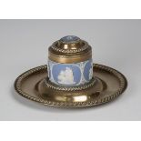 A late Victorian brass and blue jasperware mounted inkwell with applied ropetwist bands, diameter