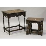 A late Victorian carved oak side table, height 70cm, width 66cm, depth 45cm, together with a nest of