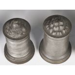 A collection of 19th and 20th century pewter items, including two Victorian aspic jelly moulds,