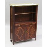 A 20th century French mahogany open bookcase with a pierced brass gallery and white marble top,