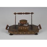 A late Victorian Tunbridge ware inkstand, fitted with a cut glass inkwell and turned handles,