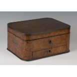 A 19th century Colonial burr walnut and brass bound campaign dressing box of curved rectangular