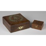 A Victorian walnut and brass mounted box, enclosing a selection of gaming counters and whist