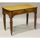 A Victorian mahogany side table, fitted with two frieze drawers, on reeded tapering legs and china