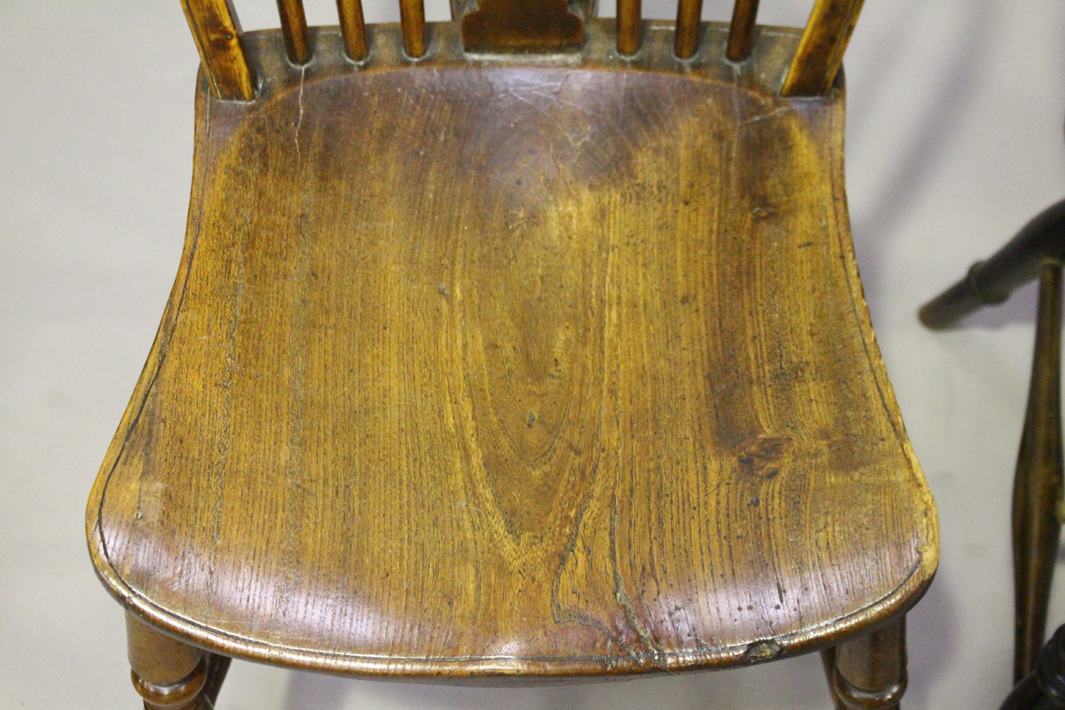 A harlequin set of four early Victorian ash and elm stick and wheel back Windsor dining chairs, - Image 2 of 9