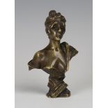 A French Art Nouveau cast bronze head and shoulders portrait bust of 'Galatée', raised on a titled