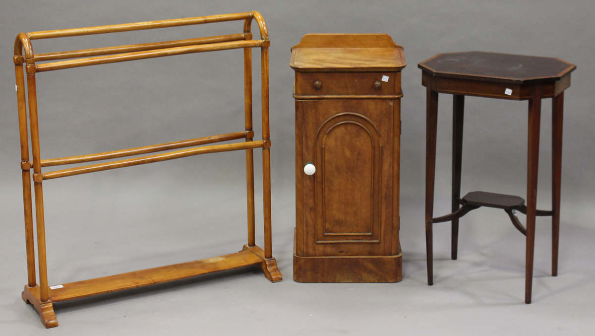 A Victorian satin walnut towel rail, height 87cm, width 76cm, together with a Victorian mahogany