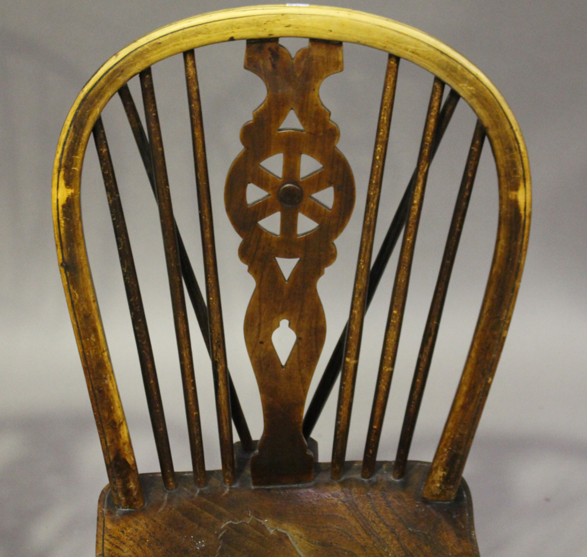 A harlequin set of four early Victorian ash and elm stick and wheel back Windsor dining chairs, - Image 9 of 9