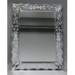 A late 20th century Venetian style sectional wall mirror with foliate etched borders, 75cm x 57cm.