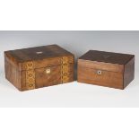 A late Victorian burr walnut work box with geometric inlaid bands, enclosing a small selection of