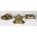 An Art Nouveau cast brass twin-handled inkstand, width 26.5cm, together with three other cast
