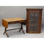 A Regency mahogany and boxwood inlaid sofa table, fitted with two frieze drawers, height 70cm,