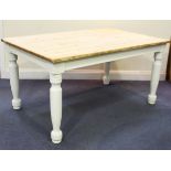 A late 20th century white painted and stripped pine rectangular kitchen table, height 77cm, length