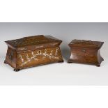An early Victorian rosewood and mother-of-pearl inlaid tea caddy of sarcophagus form, the interior